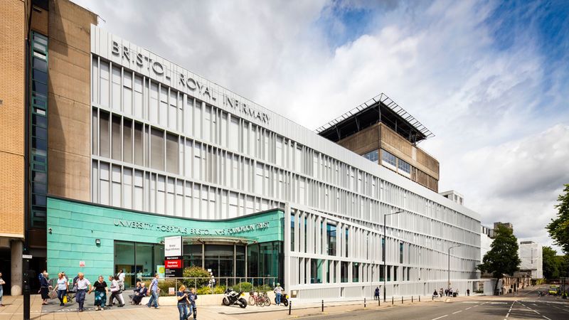 The front entrance to the Bristol Royal Infirmary, the Queens Facade, redeveloped with a new modern architectural look