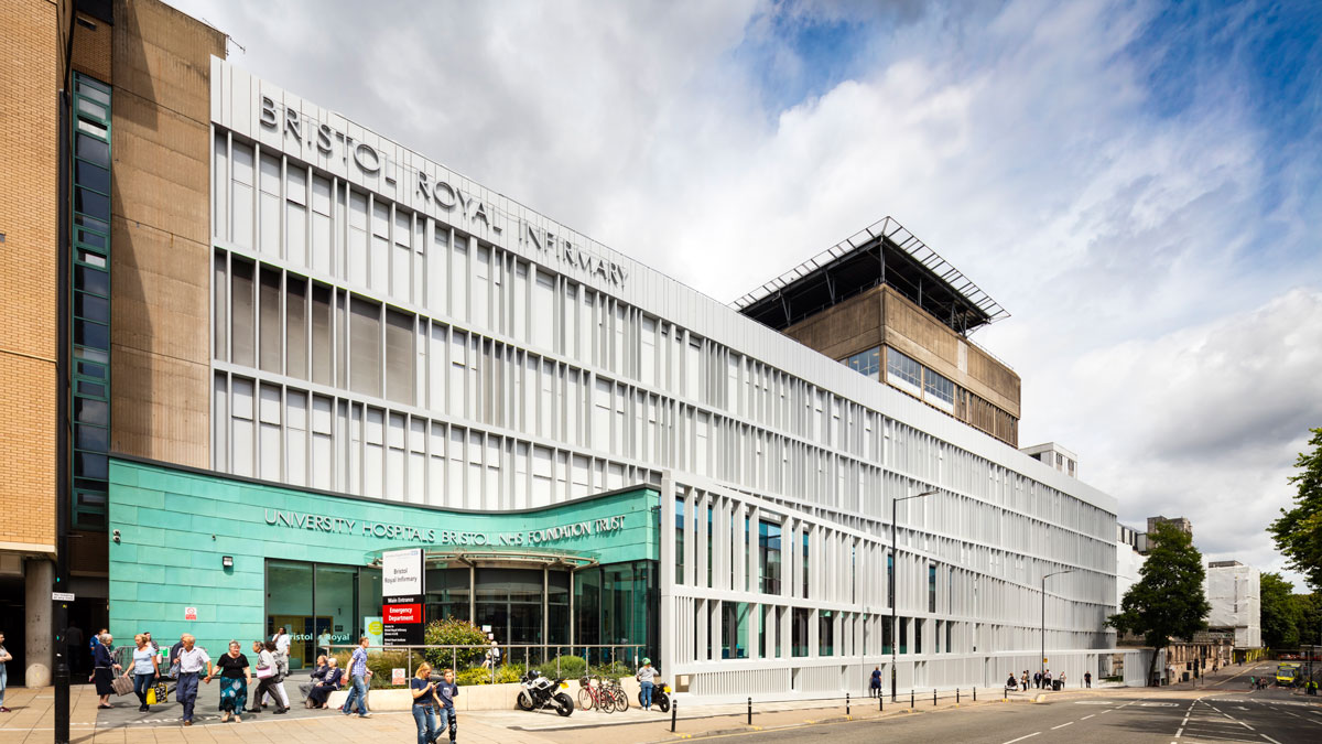 The front entrance to the Bristol Royal Infirmary, the Queens Facade, redeveloped with a new modern architectural look Stretto Architects